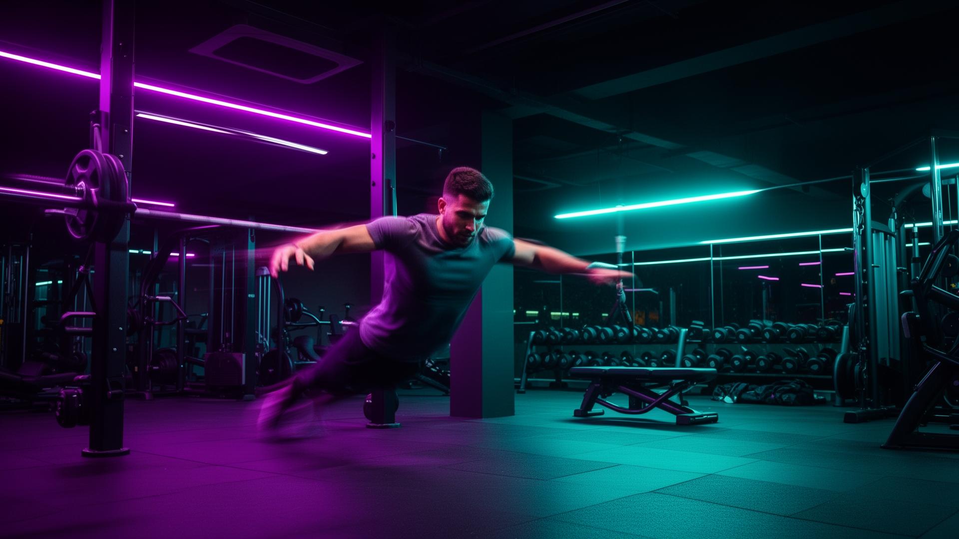 Atleta treinando em academia premium com iluminação neon roxa e ciano